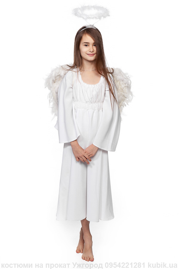 Костюм ангела для дівчинки на прокат. В комплекті плаття-сорочка, крила, німб.